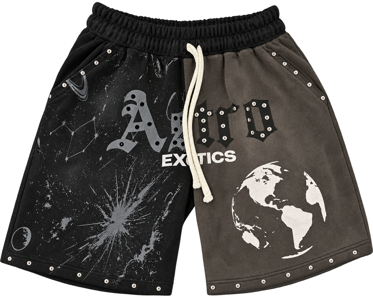 Astro Exotics “Outta This World” Studded Shorts – Black/Washed Grey