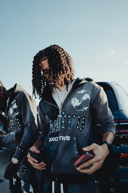 Astro Exotics “Outta This World” Studded Zip-Up Hoodie – Black/Grey