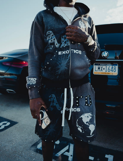 Astro Exotics “Outta This World” Studded Shorts – Black/Washed Grey